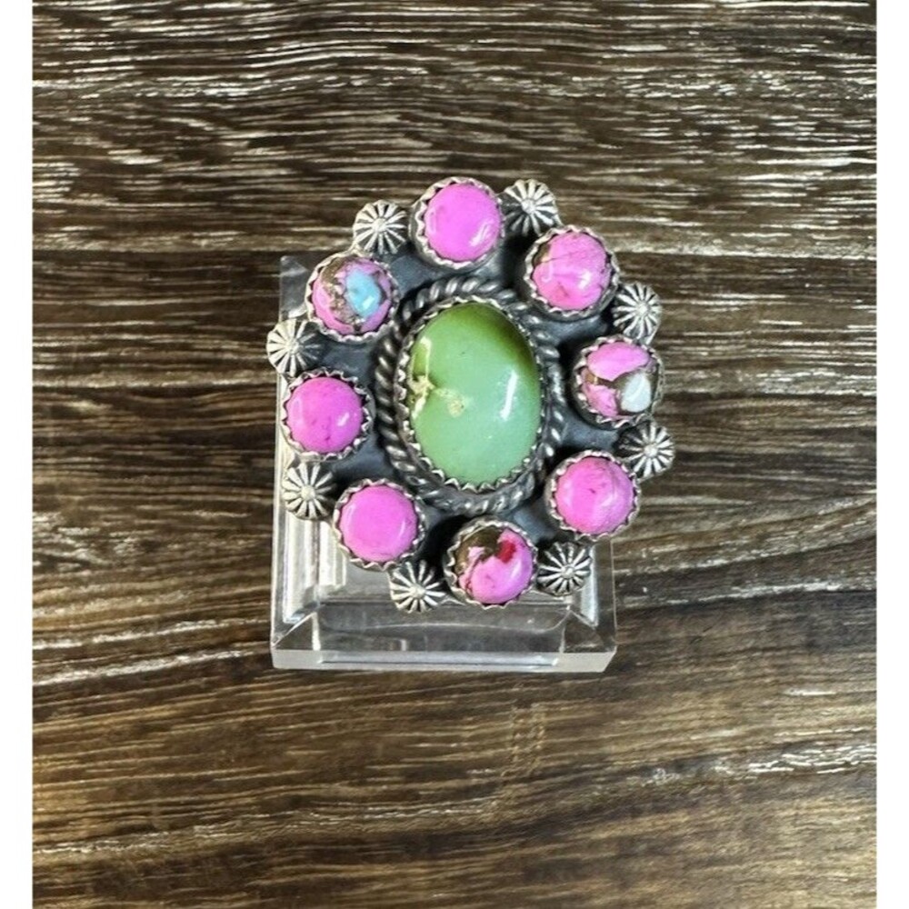 Southwest 925 Silver Sonoran Gold Turquoise & Cotton Candy Cluster Ring 8 Adj